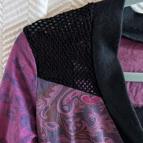 Tricotto Patchwork Paisley Dress Black Purple Mesh Detail Small Art to wear Y2K - Picture 7 of 13